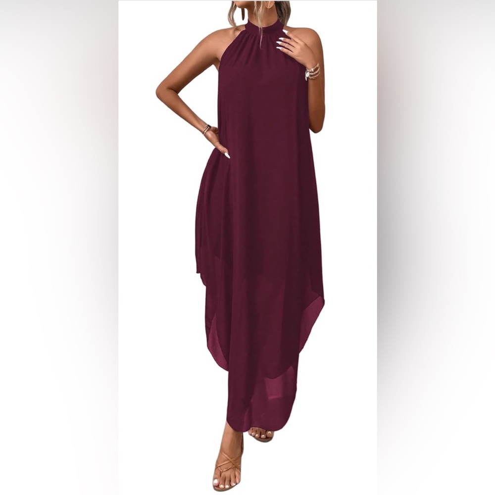 NWT Elegant Burgundy Halter Maxi Dress / L 8/10 /winter formal/maroon red/dance
